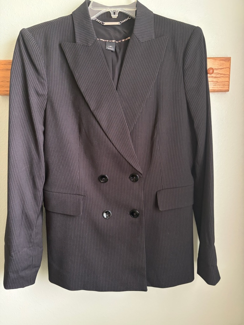 White & Black Double-Breasted Pinstripe Women's Blazer - Black